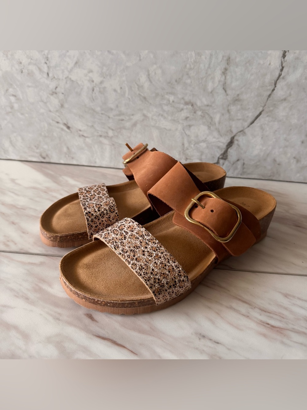 Bos & Co Italy Leather Glitter Buckle Slide Sandals EU 38 US 7 Cork Footbed